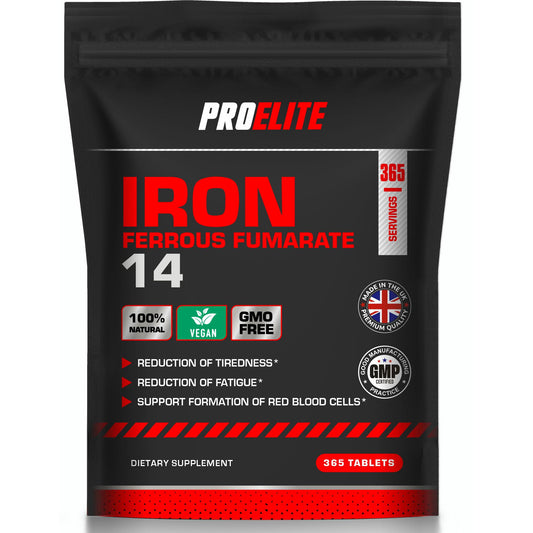 Iron Tablets High Strength 14mg - 365 Tablets - Vegan Iron Energy Tablets for Tiredness and Fatigue - High Absorption Iron Supplements for Women and Men - Made in The UK by PROELITE