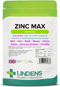 Lindens Zinc Max Tablets - 360 Pack - Triple Zinc with Copper and Vitamin C - Immune System, Bones, Vision, Hair, Nails, and Skin - UK Manufacturer, Letterbox Friendly