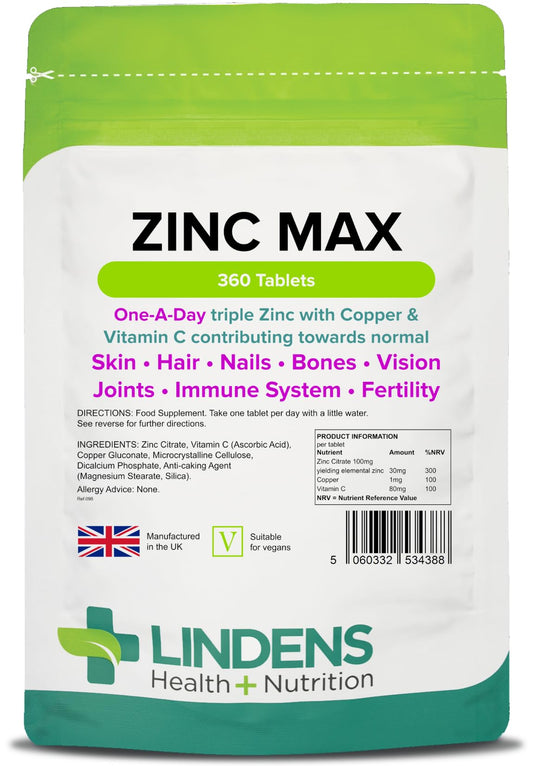 Lindens Zinc Max Tablets - 360 Pack - Triple Zinc with Copper and Vitamin C - Immune System, Bones, Vision, Hair, Nails, and Skin - UK Manufacturer, Letterbox Friendly