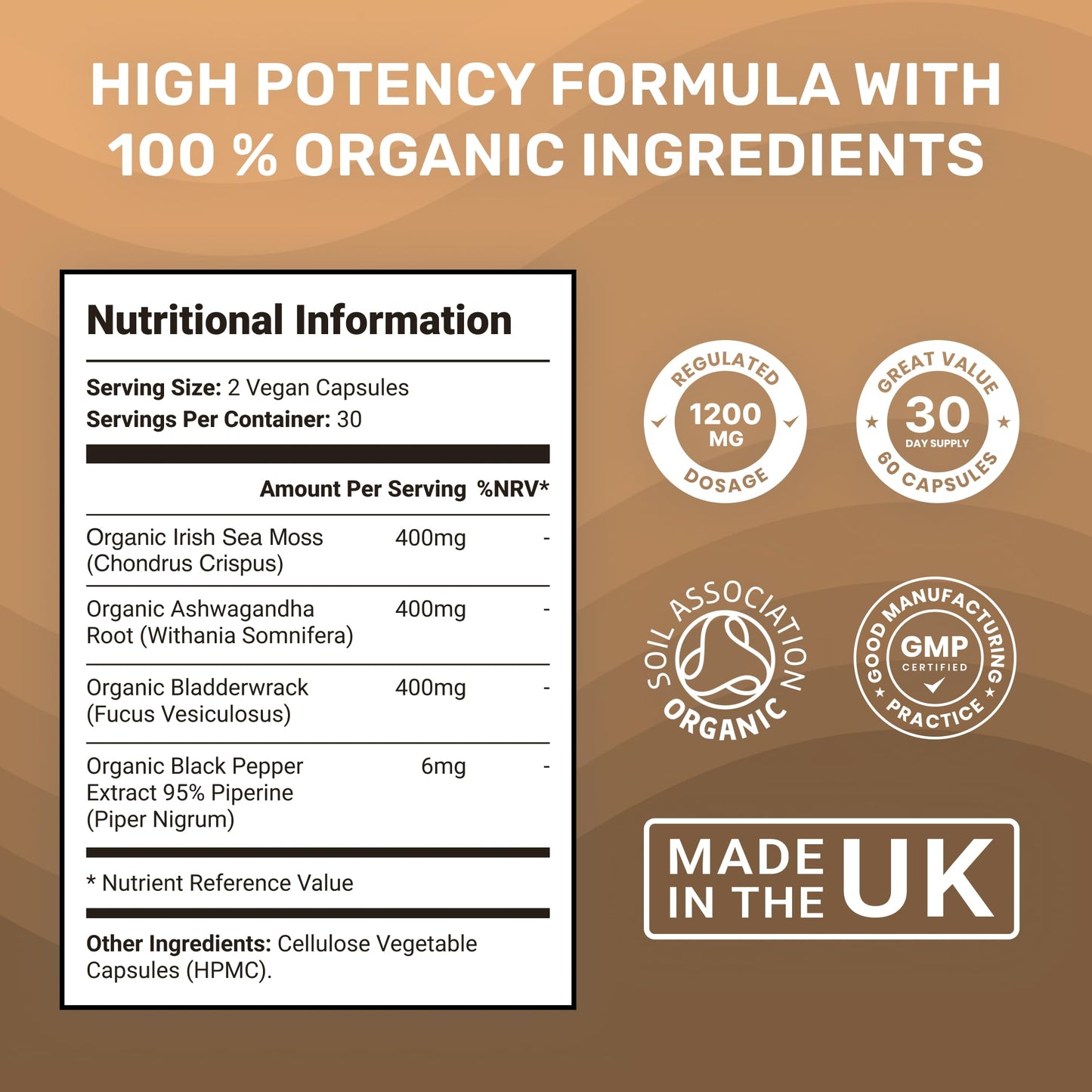 Marine Organics Organic Irish Sea Moss & Ashwagandha Capsules - Calm Blend - 60 Capsules - Ashwagandha High Strength 1200mg w/Black Pepper - Immunity & Stress Support - Vegan, Non-GMO, UK Made, Certified Organic