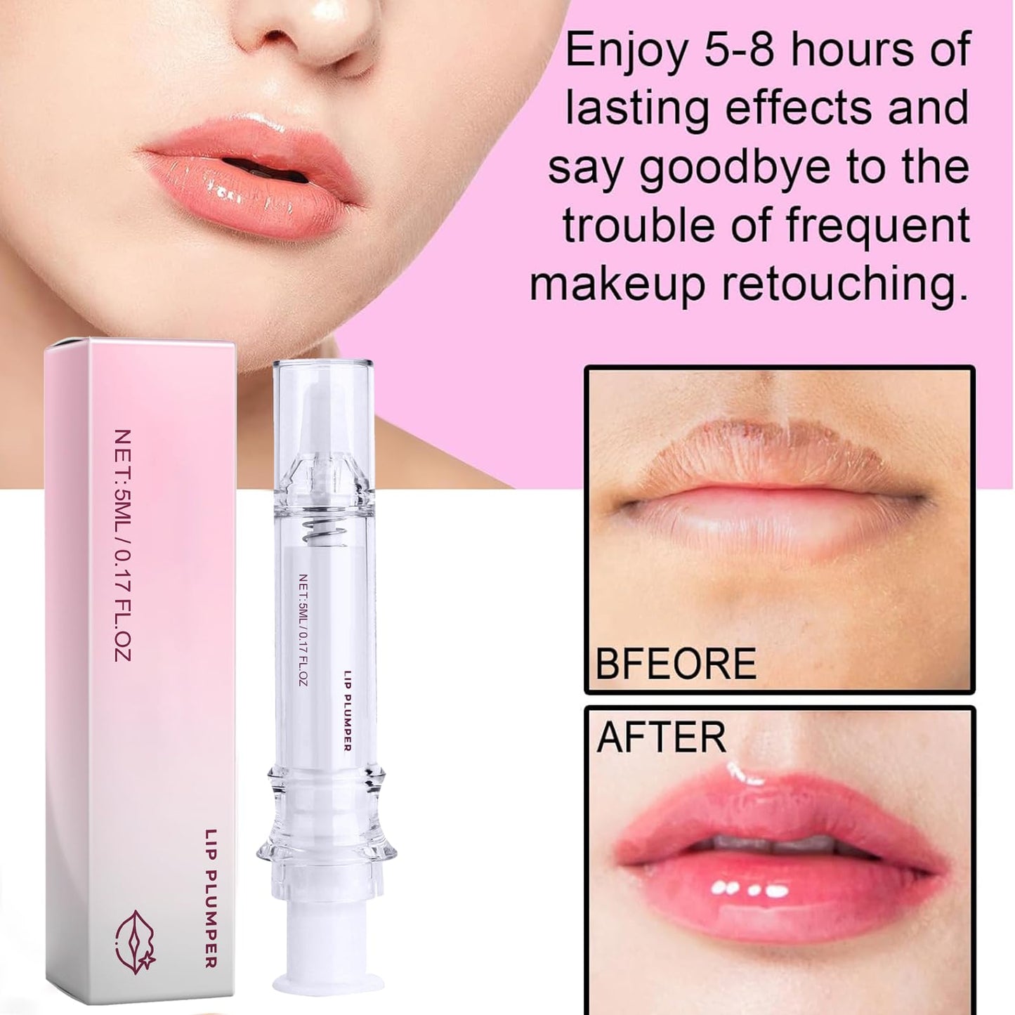 Lip Plumper, Plumping Lip Gloss, Clear Lip Serum Balm, Day & Night Lip Essence Oil for Lips Filler, Hydrating Nourishing Soothing Cooling, Non-Sticky, Reduce Lip Lines Enhance Lip Elasticity, 5ml