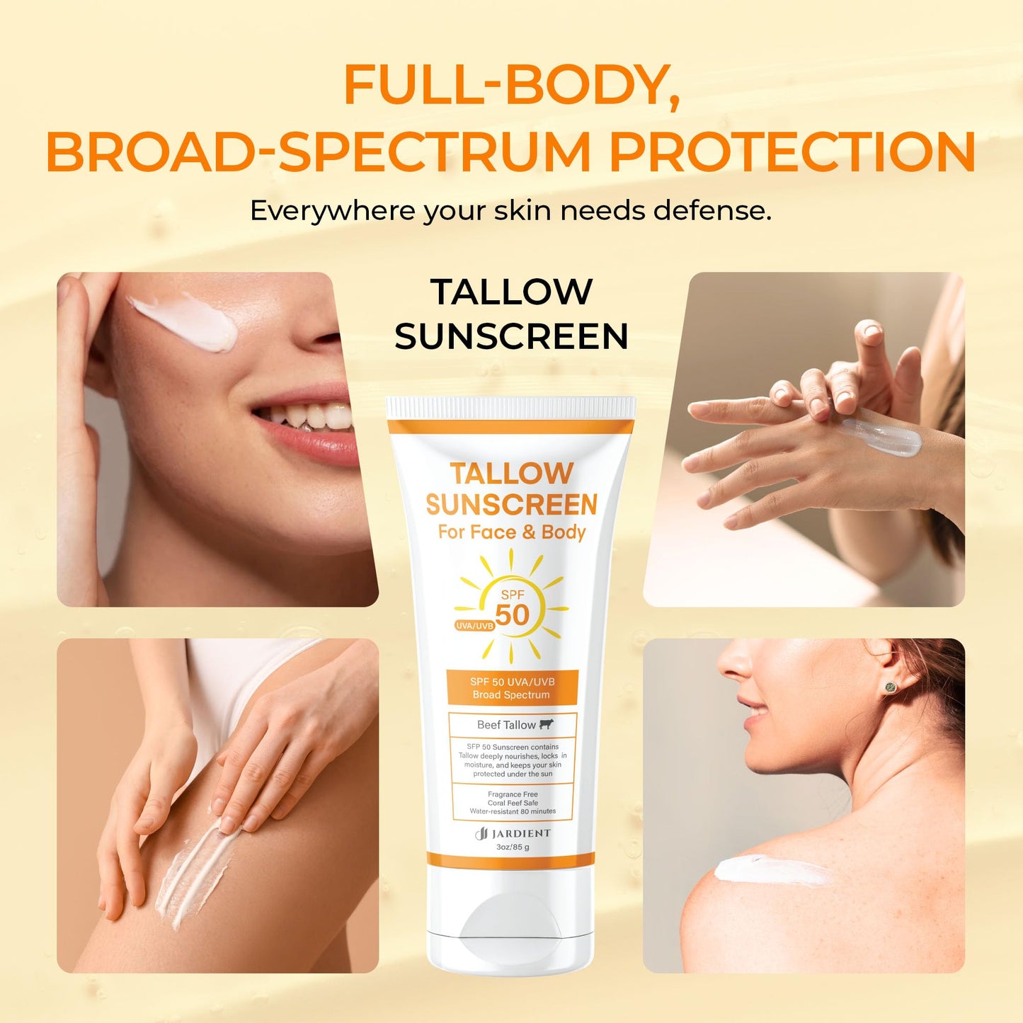 Jardient Beef Tallow Sunscreen SPF 50 with Mineral : Instant Sun Protection-Non Nano Zinc Oxide Sunblock-Beach Jogging Outdoor Sports - 3 Fl oz, 85g