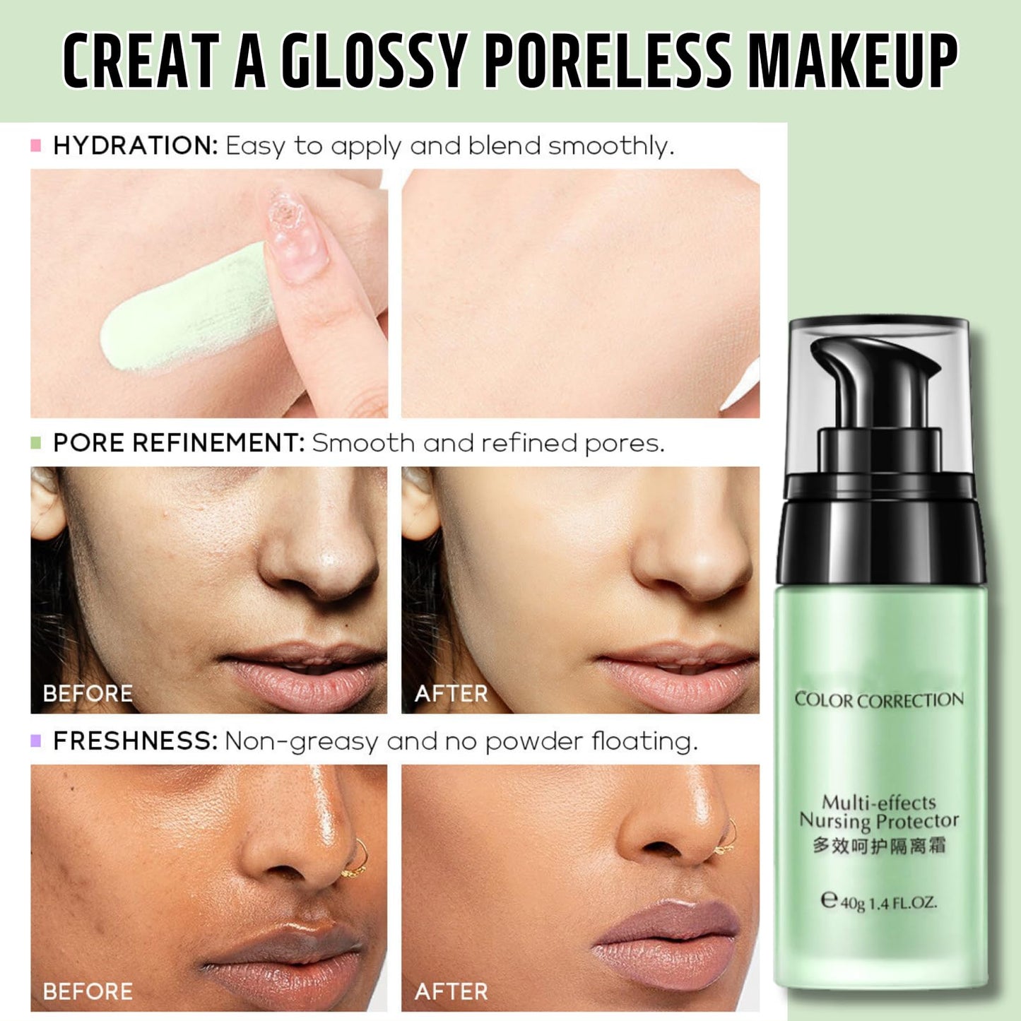Anti-redness Face Primer, Green Colour Corrector, Make up Primer for Red & Blemished Skin, Moisturising Foundation Base, Brighten Skin Tone, Grips Makeup To Last, Hydrating Isolation Cream, 40g