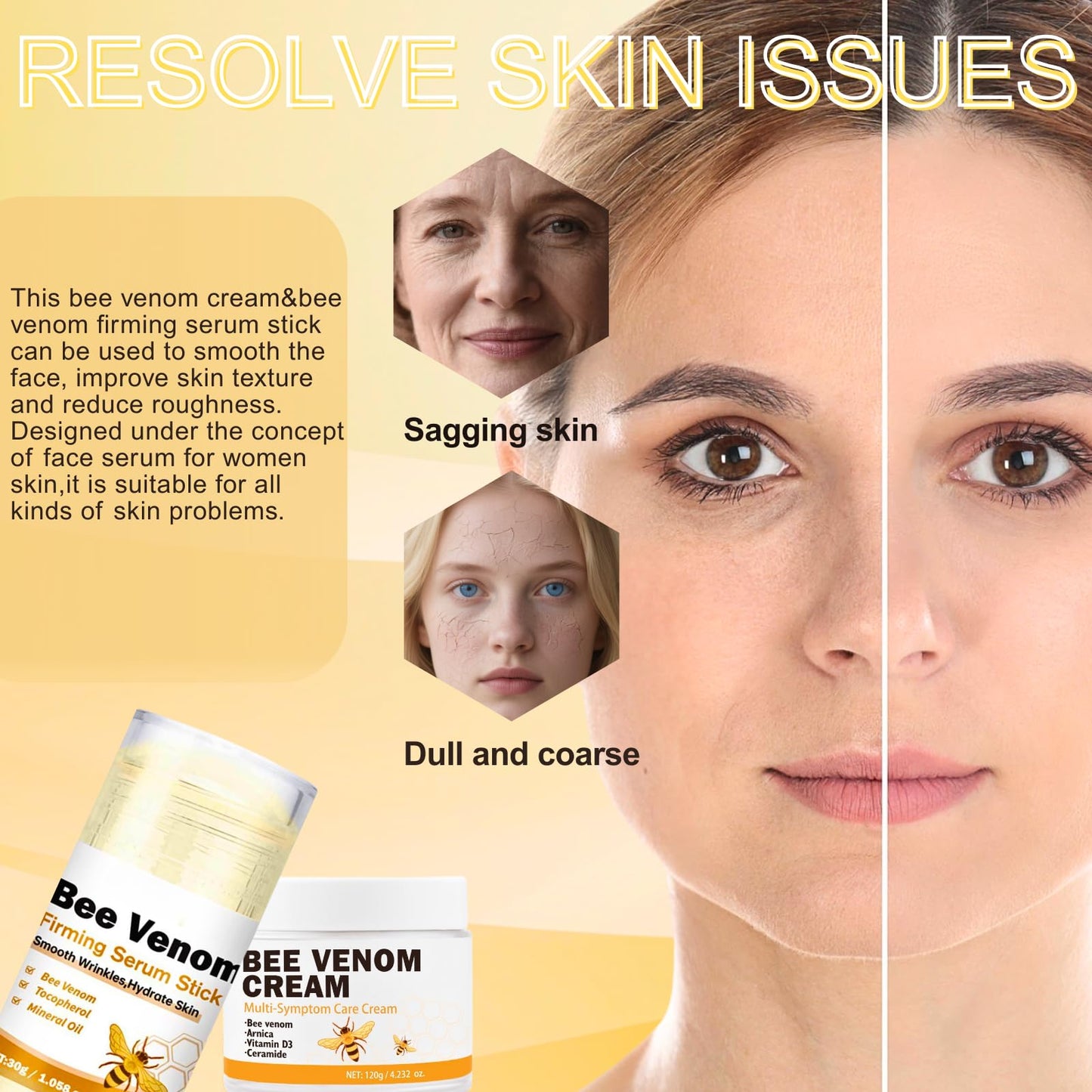 TBeautfave Bee Venom Cream&Bee Venom Firming Serum Stick – Multi Symptom Care Face Cream,Smooth Wrinkles Hydrate Skin Serum Stick,Anti Aging Serum,Skin Care Sets,Deeply Moisturize,Restore Vitality