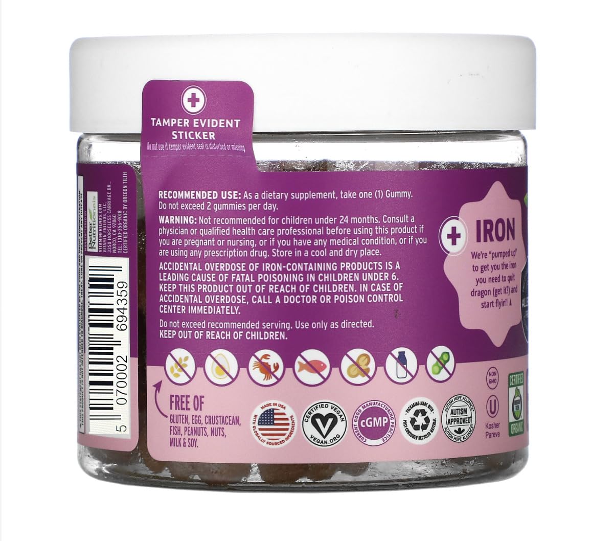beBloomie Vegan Multivitamin & Iron for Kids - Daily Nutritional Support Gummies w/Ferrous Fumarate B-Complex, Vitamin C, Zinc, Biotin - Body Function & Anemia - Strawberry