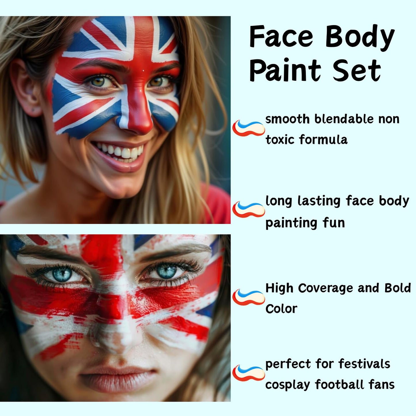 SHEBEEDO 2PCS 3 In 1 Face Body Paint Set, Red Blue White 3 Colors Face Paint Wheel and Stick for SFX Effects Makeup Face Painting Kit, Non Toxic Body Paint for Vampire Halloween Clown Football Fans