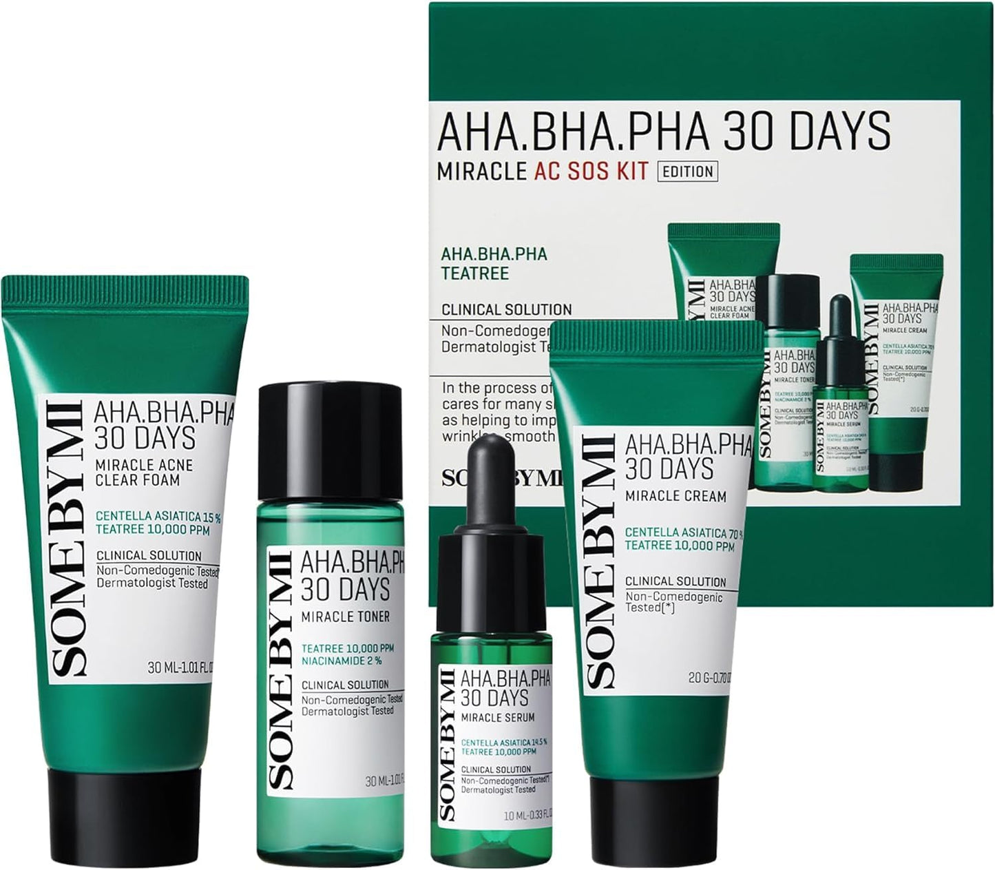 SOME BY MI AHA.BHA.PHA 30 Days Miracle AC SOS Kit, 4 Pcs, Toner 30ml, Serum 10ml, Cream 20g, Acne Foam 30ml