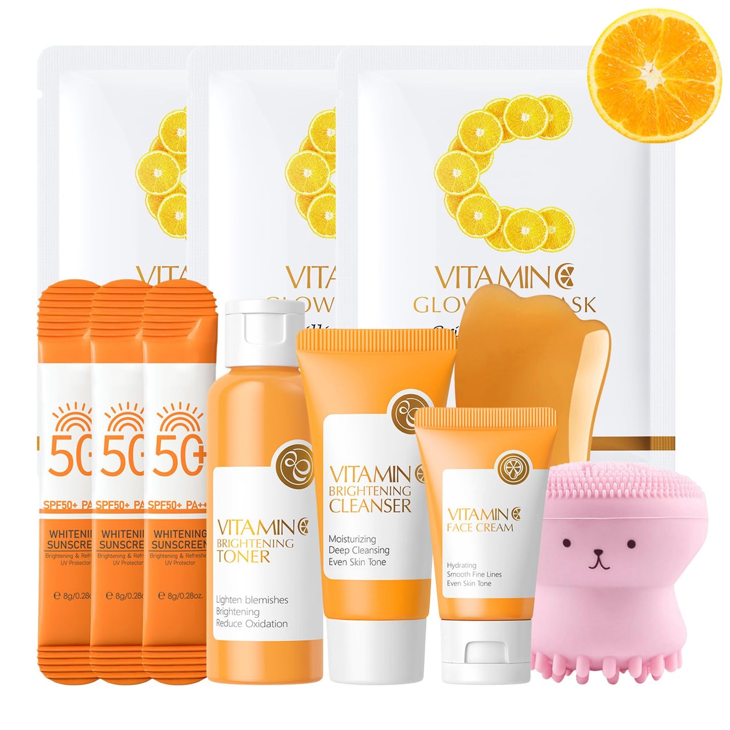 TBeautfave 11PCS Vitamin C Skin Care Sets & Kits, Skin Care For Teenage Girls, Facial Kit, Pamper Gifts For Women, Skincare Set, Sun Cream, Mask, Cleanser, Toner, Face Cream, Scraping Plate, Pink Octopus Brush