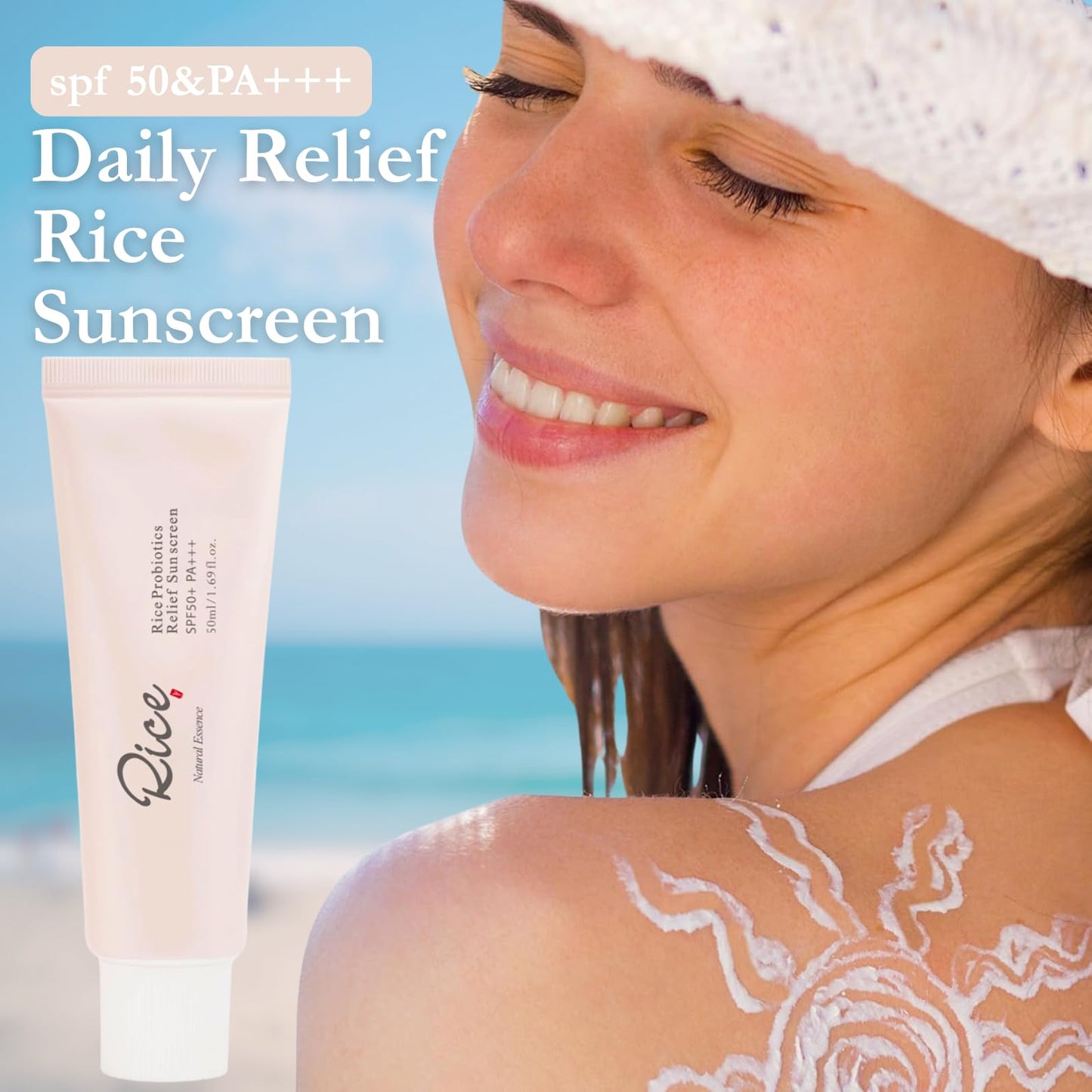 Tongyend Rice Korean Sunscreen for Face SPF 50, Rice Probiotics Daily Relief Sunscreen for face, Relief Facial Sun Cream PA+++ | Lightweight Non-Greasy SPF 50 Face Moisturiser | Korean Skincare – 50ml