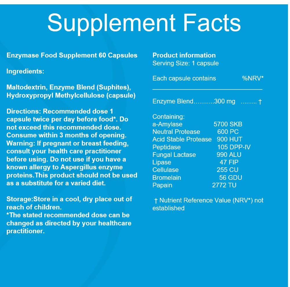Metabolics Enzymase Digestive Enzyme Complex, 9 Plant Enzymes with Bromelain, Papain & Lactase — UK Made GMP Certified — Vegan Capsules, Digestive Comfort & Gut Health — 60 Count
