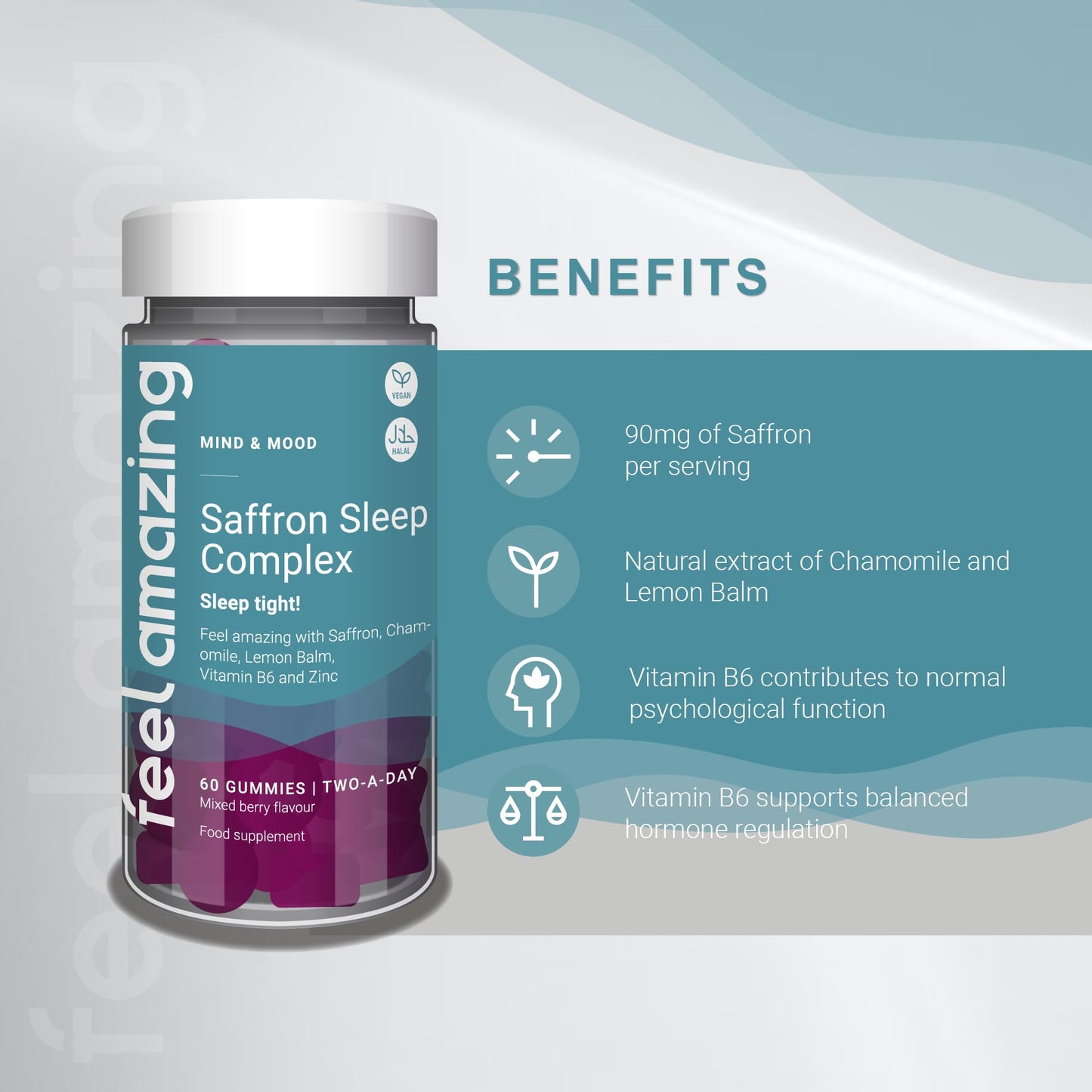 Feel Amazing Saffron Sleep Complex Gummies - Natural Sleep Aid with Lemon Balm, Chamomile, Zinc & Vitamin B6 - Vegan, Halal - Mixed Berry Flavour, 60 Gummies, 30-Day Supply (1)