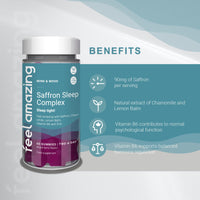 Feel Amazing Saffron Sleep Complex Gummies - Natural Sleep Aid with Lemon Balm, Chamomile, Zinc & Vitamin B6 - Vegan, Halal - Mixed Berry Flavour, 60 Gummies, 30-Day Supply (1)