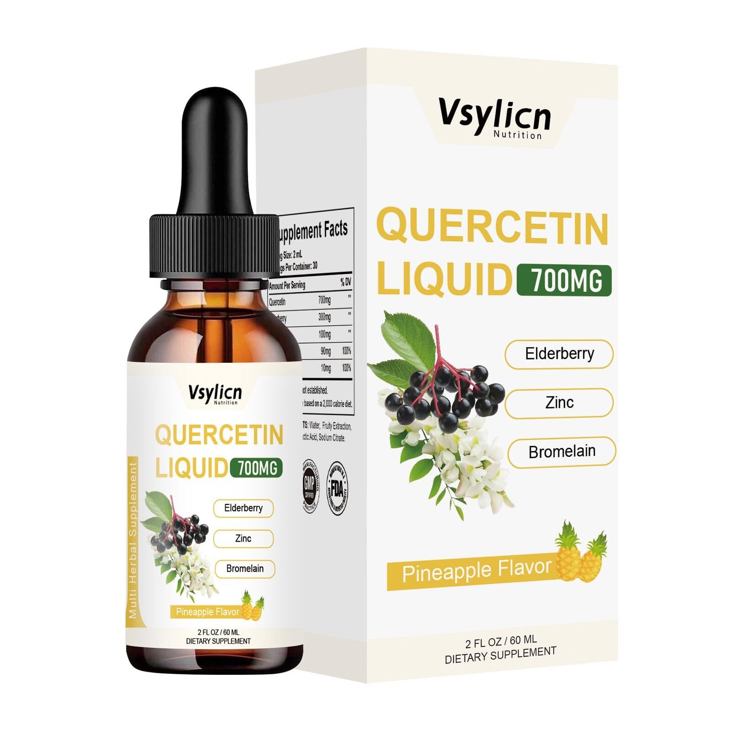 VSYLICN 700mg Quercetin Liquid Drops - Quercetin Bromelain Supplements - 5 in 1 with Bromelain Elderberry Vitamin - 4X Stronger Than Pills & Capsules - Immunity Health Respiratory Health Skin Care - 60ml