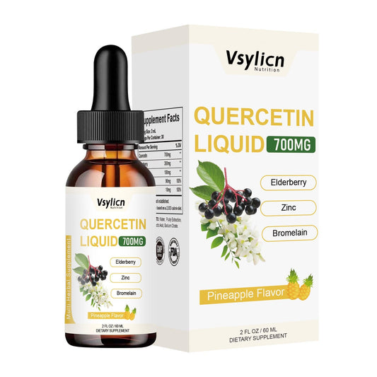 VSYLICN 700mg Quercetin Liquid Drops - Quercetin Bromelain Supplements - 5 in 1 with Bromelain Elderberry Vitamin - 4X Stronger Than Pills & Capsules - Immunity Health Respiratory Health Skin Care - 60ml