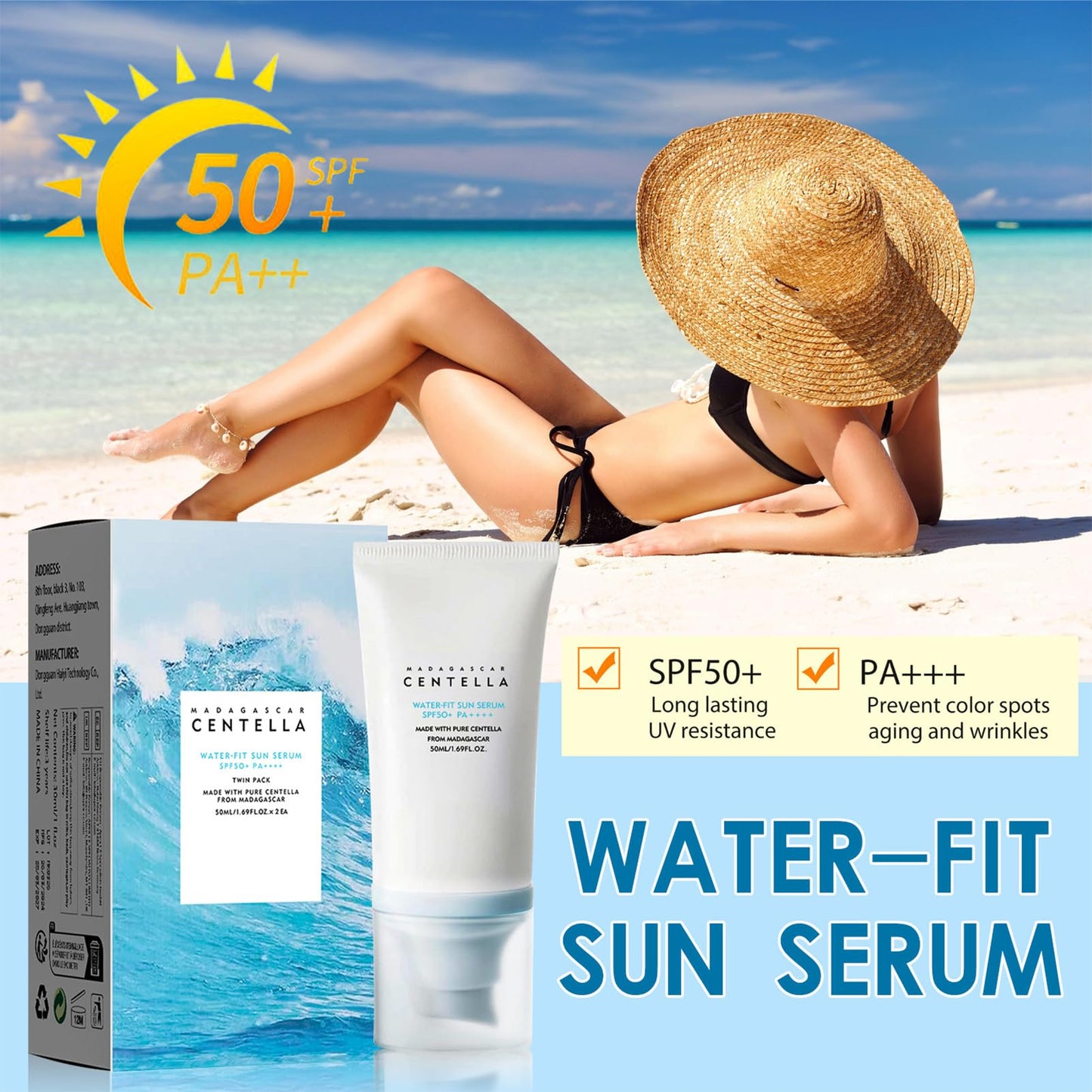 Centella Sun Cream SPF 50, Face Sun Cream SPF 50 For Against UVA & UVB, Korean Sunscreen SPF 50 For Hydrating Suncream Serum, Non Greasy & Refreshing SPF 50 Face Moisturiser, Moisturizing