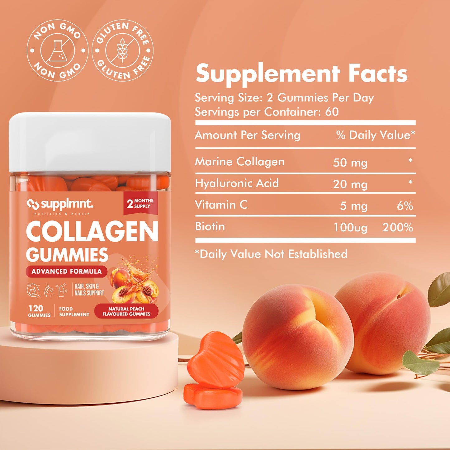 supplmnt. Marine Collagen Gummies - Hydrolysed Collagen Peptides with Biotin, Hyaluronic Acid & Vitamin C - Collagen Supplements for Women and Men - 120 Gummies. Collagen for Skin, Hair & Nails 2 Months Supply