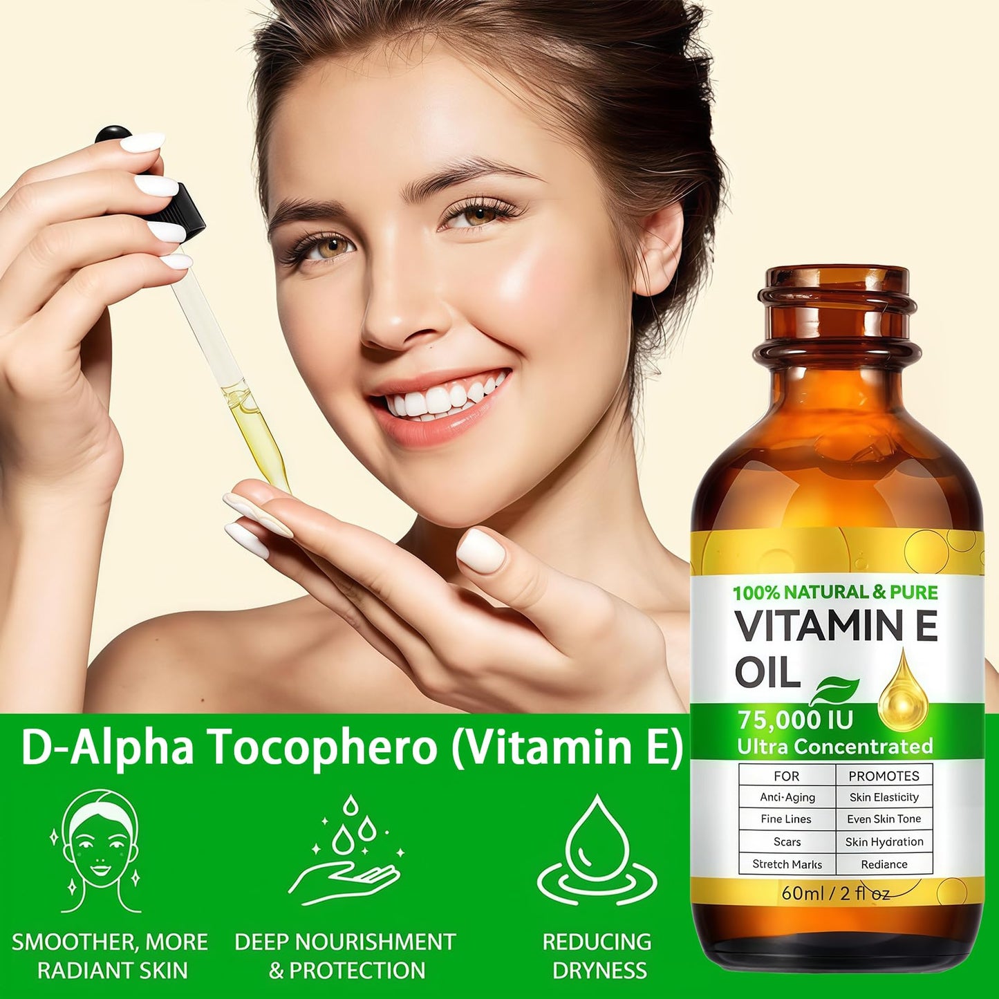 AuraBeen Vitamin E Oil with Jojoba for Face, Skin, Hair, Cuticle & Scars - Cold Pressed, Gentle Moisturizing & Repair Solution, Fast Absorbing, Firming Skin, Fill Fine Lines(2 Fl Oz)
