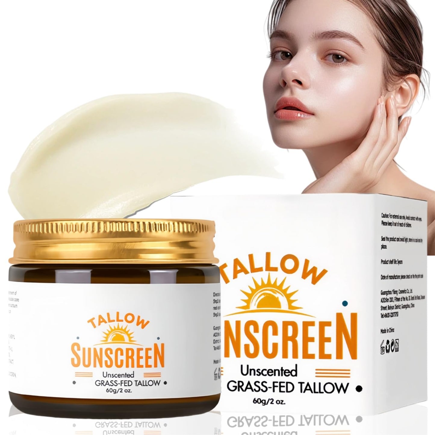 SingHao Beef Tallow Sunscreen SPF 50+,Natural Tallow Sun Cream for Face & Body,Tallow Balm Instant Sun Protection,Body Moisturiser for Dry Skin,SPF 50 Face Moisturiser,Light Texture,Natural Ingredients