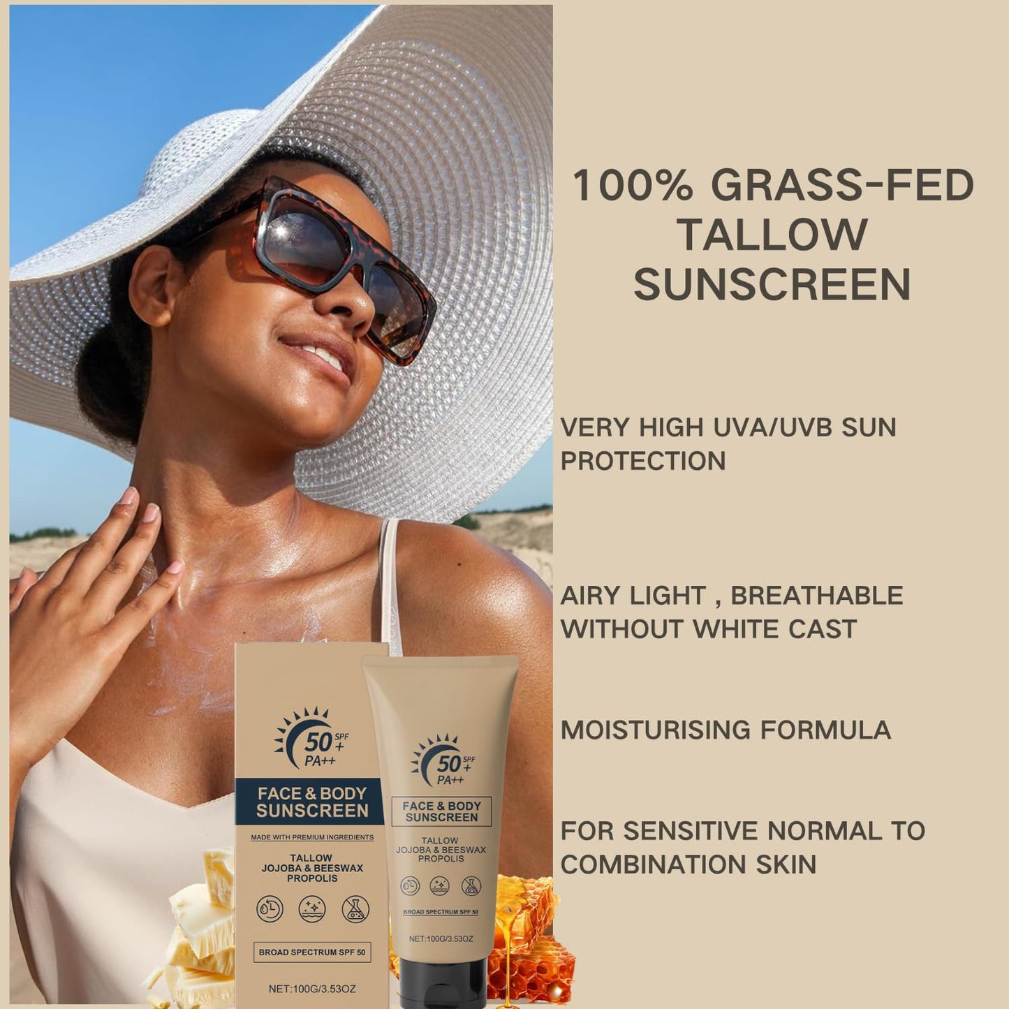 IZBEAUVO Beef Tallow Sunscreen SPF 50+, Organic Sunscreen SPF 50+ Face Moisturiser, Grass Fed Beef Tallow Natural Sunscreens,No White Cast, Non Greasy Formula for Face & Body Dry Sensitive Skin