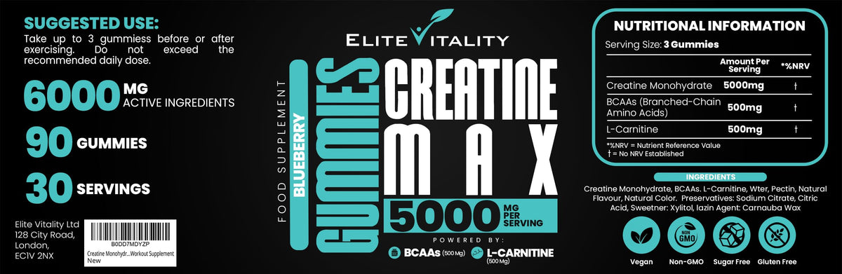 Elite Vitality Creatine Monohydrate 90 Gummies 5000mg + BCAAs & L-Carnitine – 3rd Party Lab Tested, Vegan, Sugar-Free, Pre Workout Muscle Growth & Recovery Gym Supplement for Men & Women – Tangy Blueberry Blast