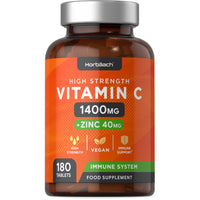 Vitamin C and Zinc | 180 Vegan Tablets | High Strength Vitamin C 1400mg and Zinc 40mg | Immune System Support | by Horbaach