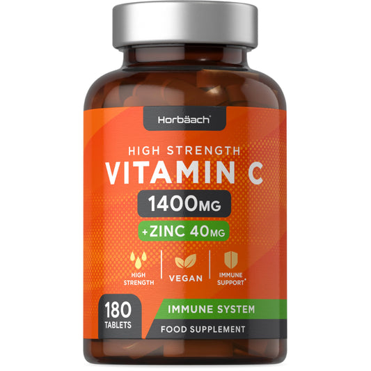 Vitamin C and Zinc | 180 Vegan Tablets | High Strength Vitamin C 1400mg and Zinc 40mg | Immune System Support | by Horbaach