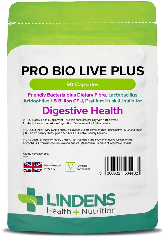 Lindens Pro Bio Live Plus (+Dietary Fibre) Capsules - 90 Pack - Massive 1.5 Billion Cfu Strength and Fortified with 2 Types of Dietary Fibre & Friendly Bacteria That Aids Digestion - UK Manufacturer, Letterbox Friendly