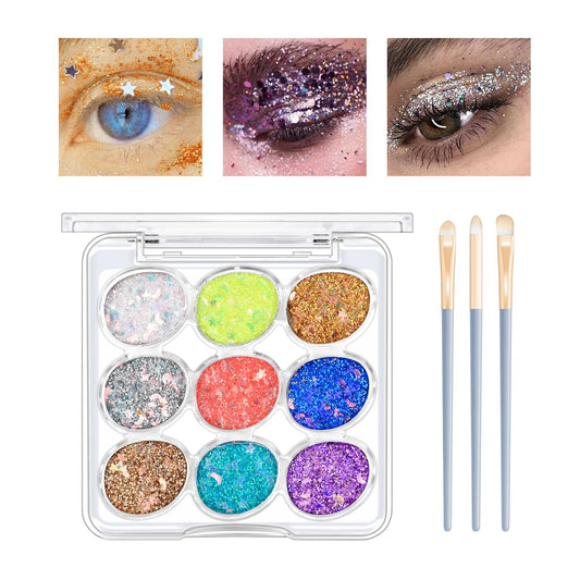 KYDA 9 Color Glitter Eyeshadow Palette, Sparkle Shimmer Eye Sequin Make-Up Palettes, Highly Pigmented Holographic Chunky Glitter Makeup Eye Shadow Sequin for Stage Festival Party-03