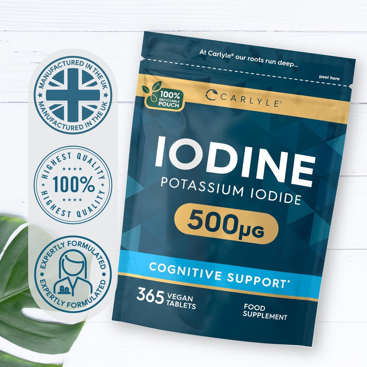 Iodine Tablets 500mcg | High Strength Iodine Supplement | 365 Vegan Tablets | by Carlyle