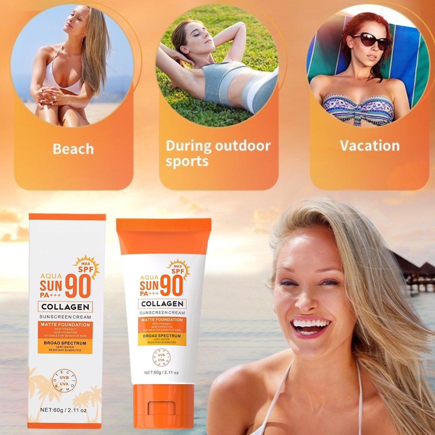 HUOWEH 60g Sun Block,Sun Cream Face,Collagen Sunscreen SPF 90 PA+++, Ultra High Protection Face Moisturizer with 36HR Hydration, Water-Resistant (80 Min), Non-Sticky & Sweat-Resistant