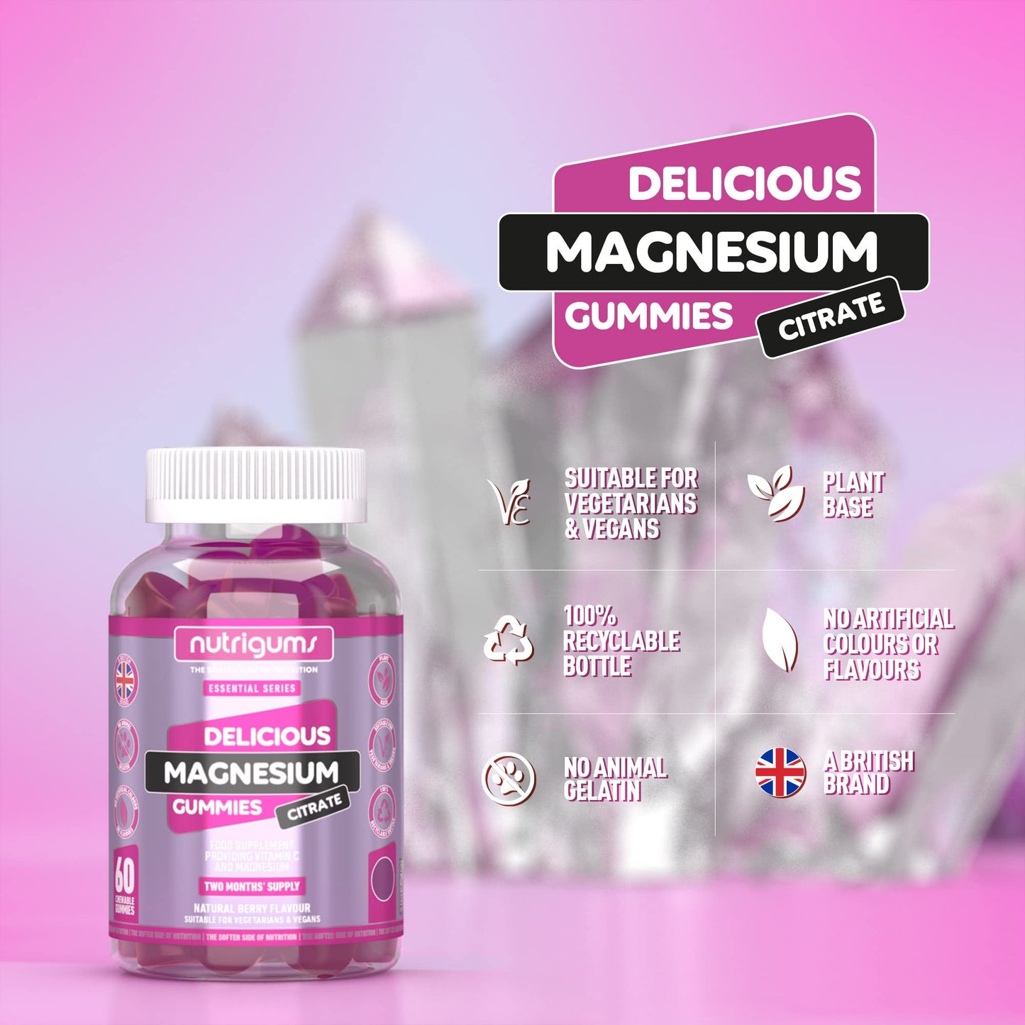 Magnesium Citrate 1250mg & Vitamin C 80mg Mixed Berry 60 Vegan Gummies | Elemental Magnesium 150mg & Vitamin C 80mg (2 Per Serving) High Strength | Suitable for Adults & Kids Age 5+ by NUTRIGUMS®