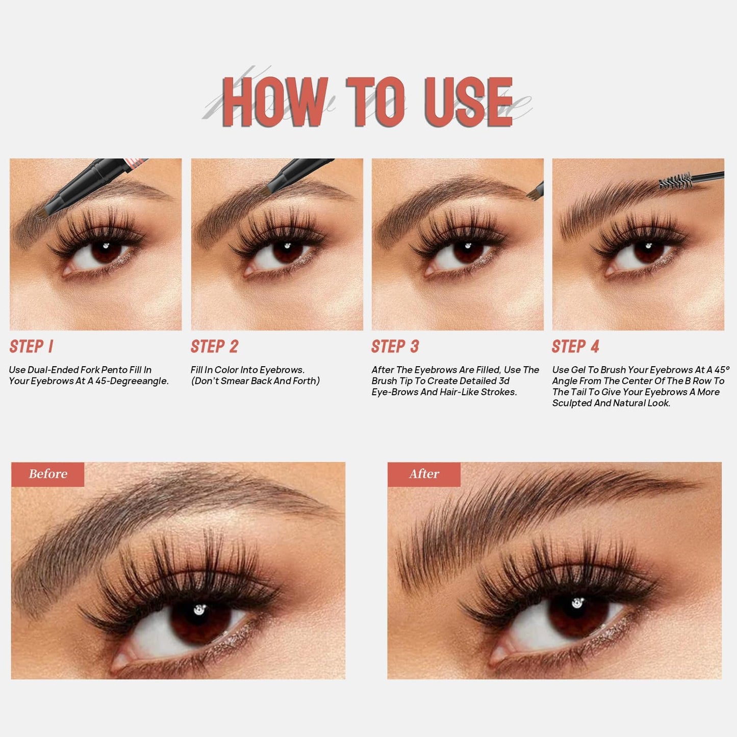 Weixinbuy 2-IN-1 Microblading Eyebrow Pen Long-lasting, Waterproof Eyebrow Pencil Dual-Ended with 4-Fork-Tip & Brow Brush & Clear Brow Gel, Fluffy & Defined Brows for Natural-Looking (1# Grey)