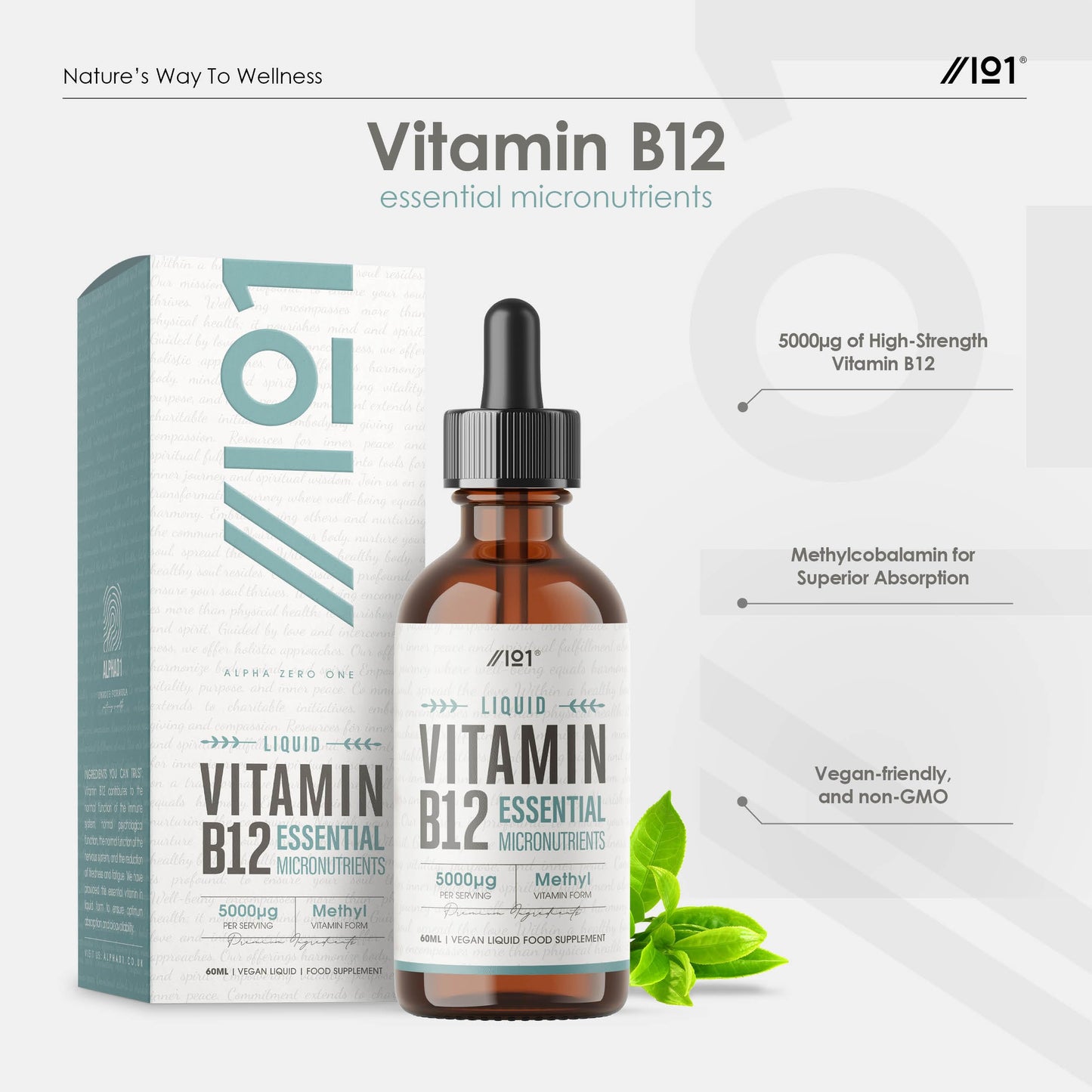 ALPHA01 Vitamin B12 Liquid Drops 5000mcg - 60ml (2 Months Supply) - High Strength Methylcobalamin Supplement - Vegan & Vegetarian Friendly - by Alpha01