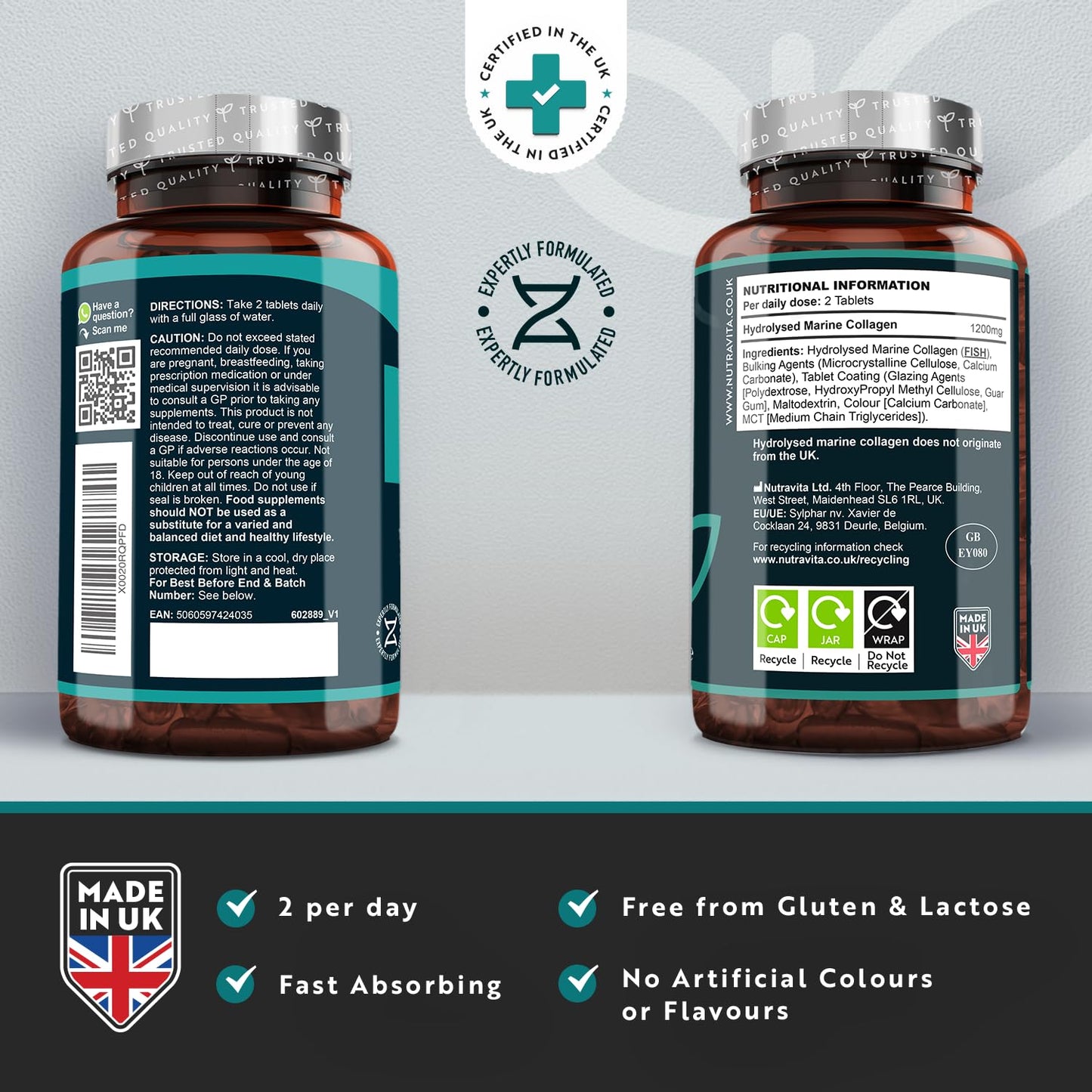 100% Pure Marine Collagen - 120 Tablets (Not Collagen Powder/Collagen Capsules) - 2 Months Supply - Collagen Supplements for Women & Men - Premium Type 1 Hydrolysed Collagen Peptides - Nutravita