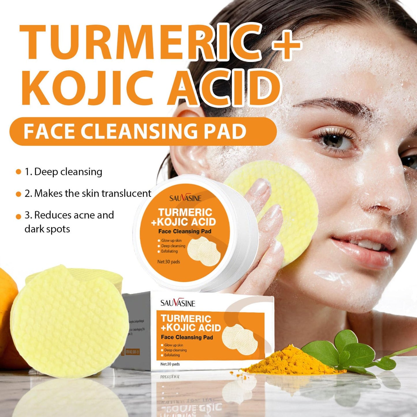 Turmeric Kojic Acid Pads - 30 Pads Kojic Acid and Turmeric Pads - Turmeric Face Pads for Dark Spot - Exfoliating Cleansing Pads for Face & Body - Turmeric Pads for Even Skin Tone, Pore Cleansing
