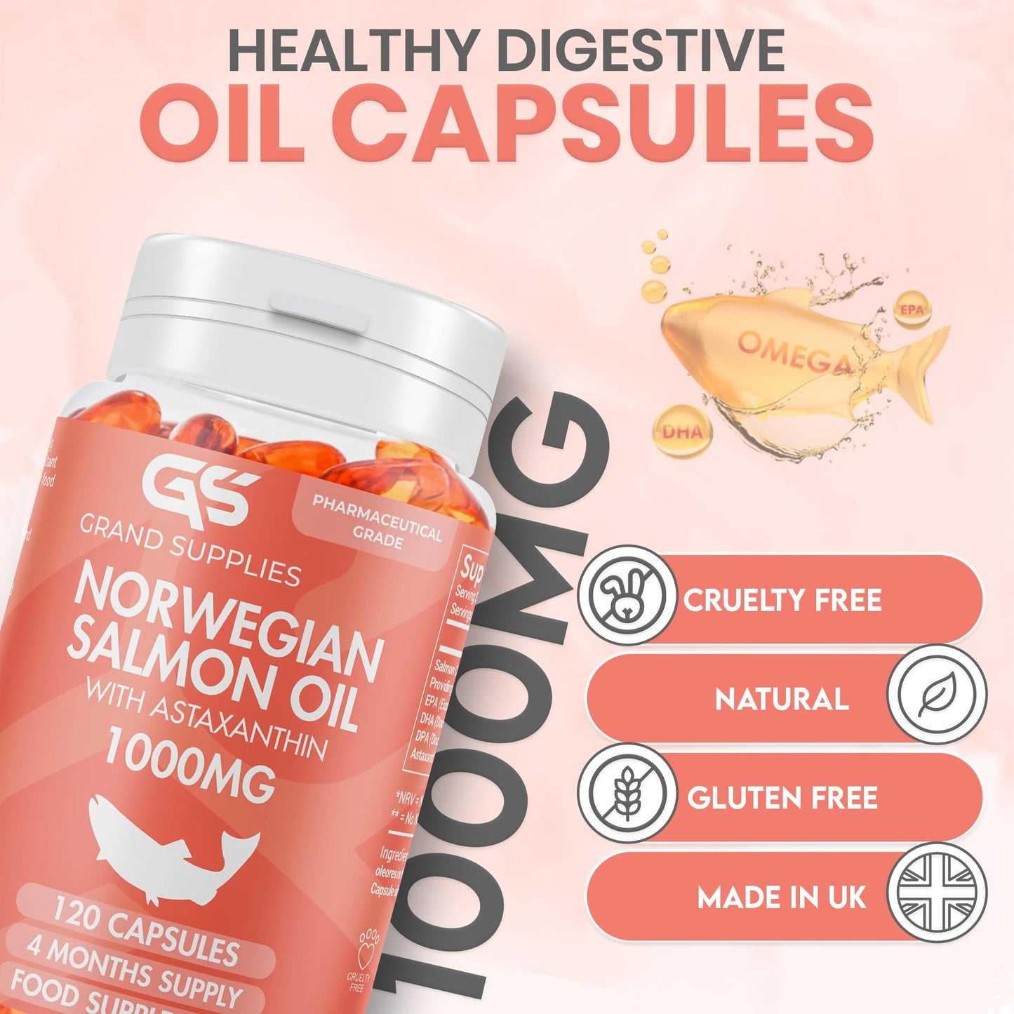 Norwegian Salmon Oil with Astaxanthin 1000mg - 4 Months / 120 Days Supply - Omega 3 6 9 Capsules High Strength - Rich in EPA, DHA & DPA, Burpless Taste
