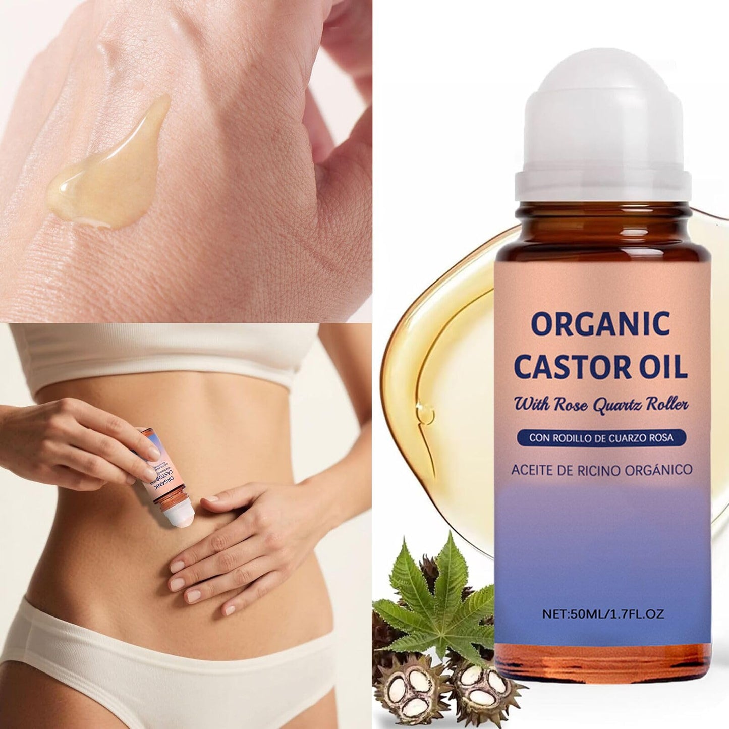 Generic Organic Castor Oil with Rose Quartz Roller, 50ml Organic Castor Oil Roll On, Natural Ingredients, Gently Nourishes Skin, Deep Hydration & Smoothing, for Belly, Face, Body, 1.7 fl oz