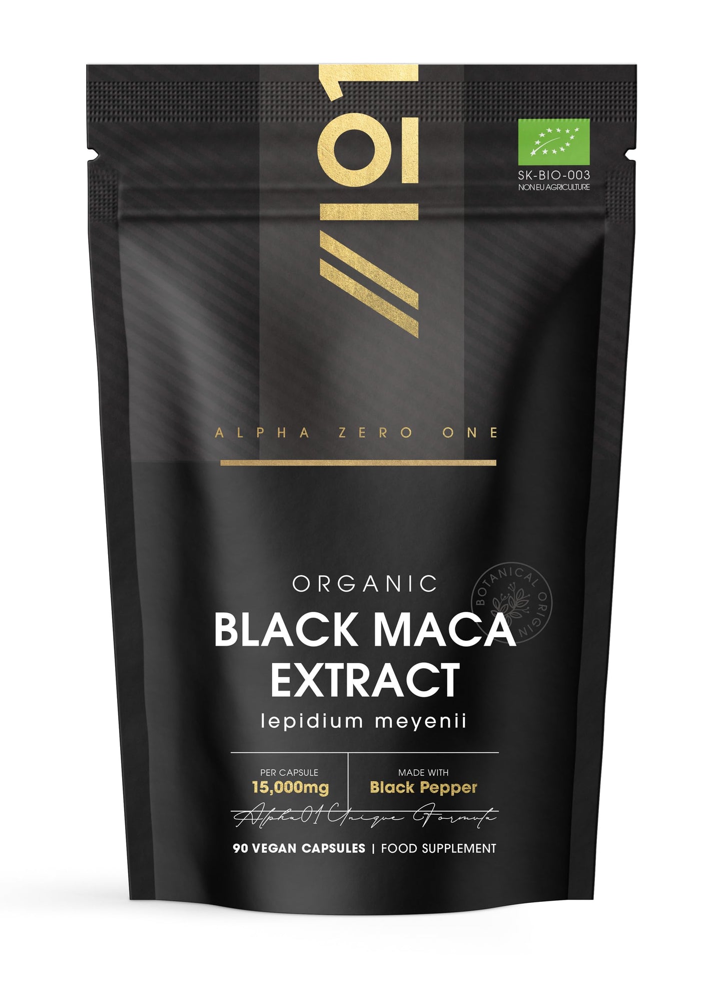 ALPHA01 Organic Black Maca Extract 15,000mg with Black Pepper - 90 Vegan Capsules (3 Months Supply) – High Strength 30:1 Black Maca Extract - Resealable and Recyclable Pouch – by Alpha01