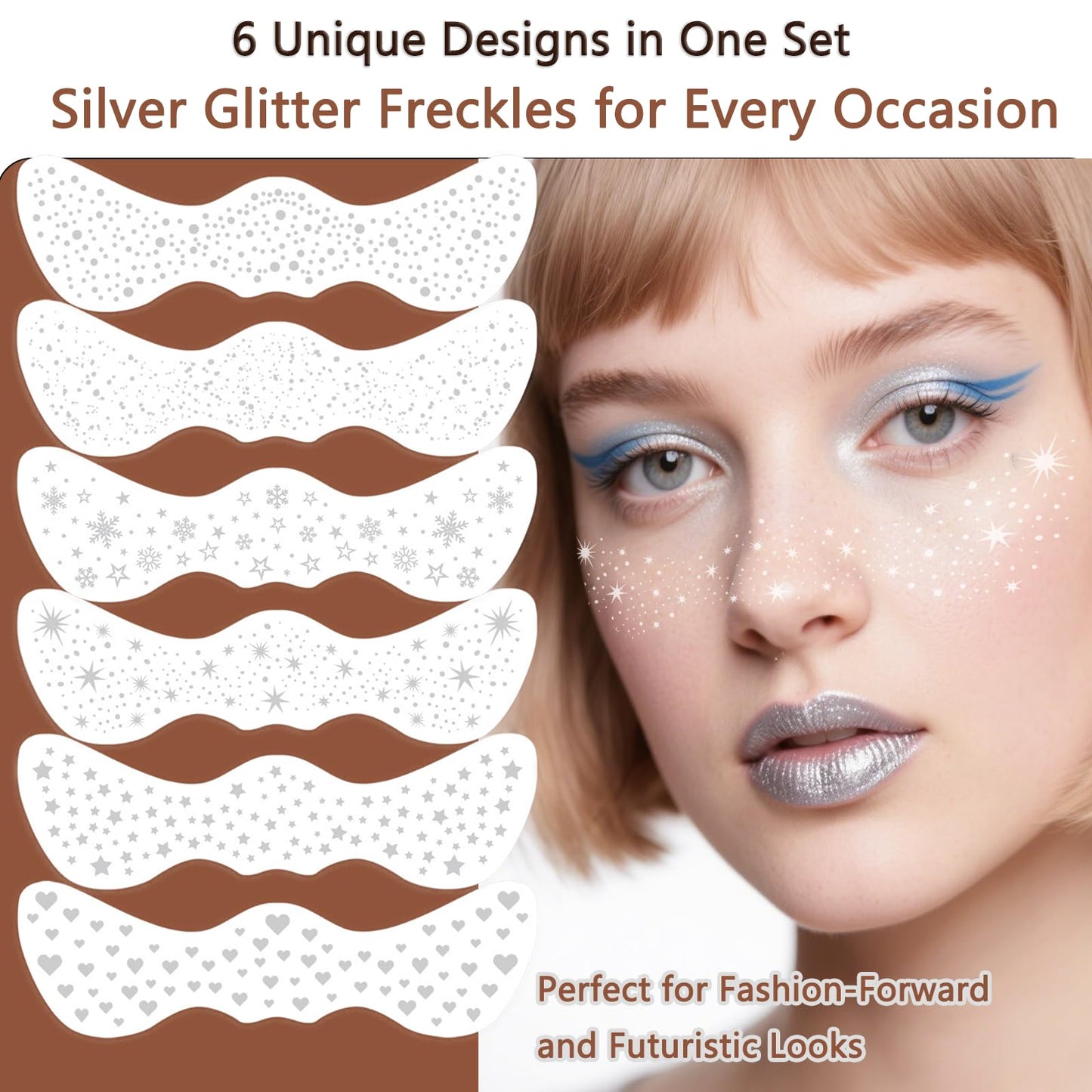 AmiCera Glitter Freckles Face Tattoo, 6 Pcs Face Glitter Freckles Gold for Kids Women, Fake Sparkle Temporary Tattoos Stickers for Girls and Adults Festival Makeup Accessories Face Decor, Silver