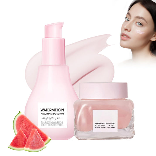 Xumann 2PCS Watermelon Niacinamide Serum & Watermelon Sleeping Mask Set, Dew Drops Recipe Watermelon skincare Pore Tight Toner Teenage Girls