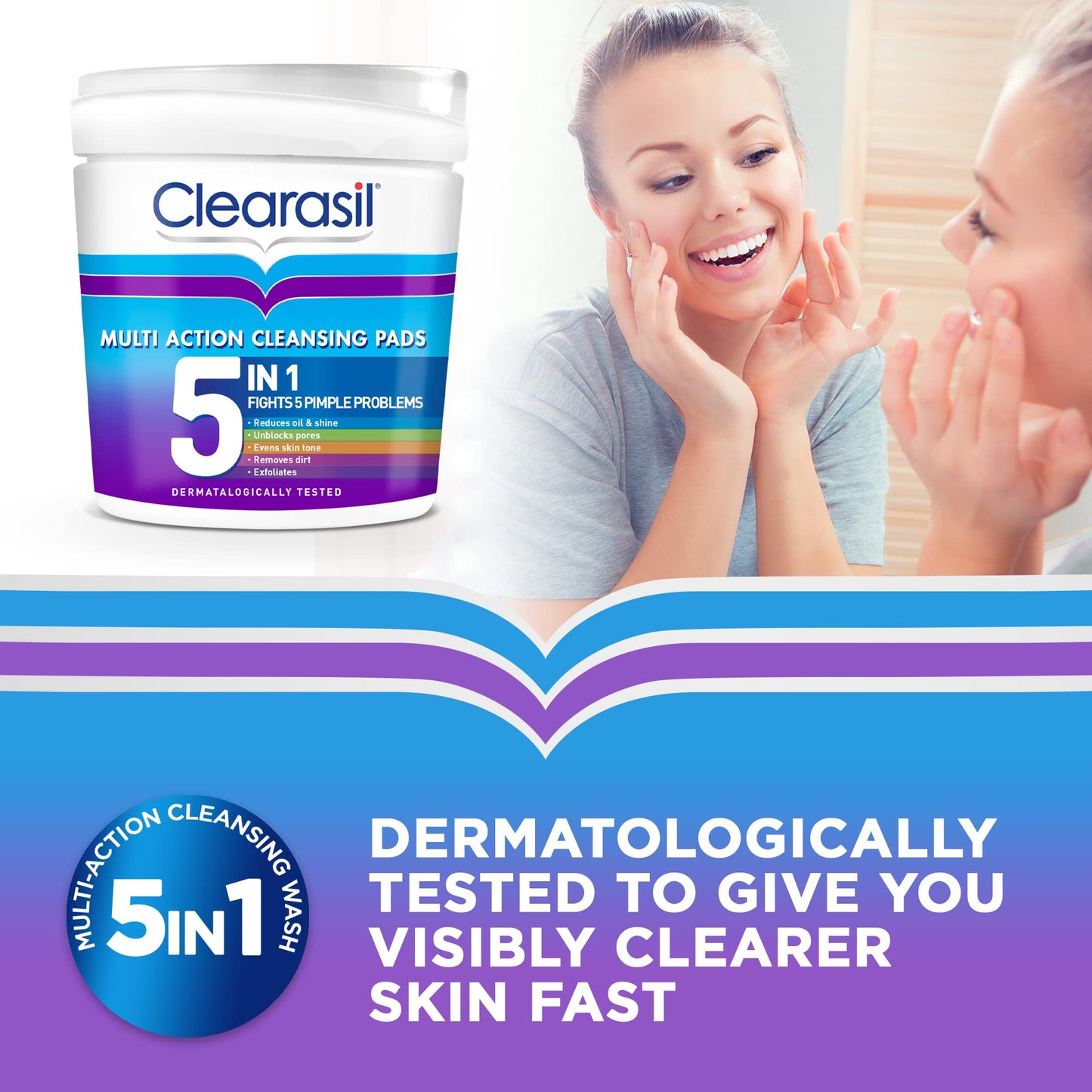 Clearasil 5-In-1 Ultra Cleansing Salicylic Acid Pads, Face Exfoliating For Acne Prone Skin, Unblock Pores, Reduces Blackheads, Pimples & Excess Oil, Everyday Spot Prevention, Pack of 65