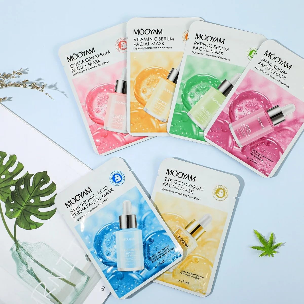 MOOYAM 6-pack Face Mask Set Collagen, Vitamin C, Retinol, Snail Serum, Hyaluronic Acid, Moisturizing Anti-Wrinkle Brightening Blackhead Remover Anti-Ageing Skin Revitalizer Acne All Skin Types