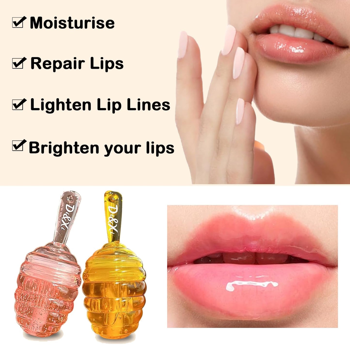 GEEWHILE Honey Lip Oil Clear Lip Gloss Set, 2PCS Honey Bee Balm Moisturizing Liquid Lipstick, Glossy Lip Make Up Transparent Lip Gloss Kit for Day&Night Lip Care,Lip Line Reducing, Honey Flavors