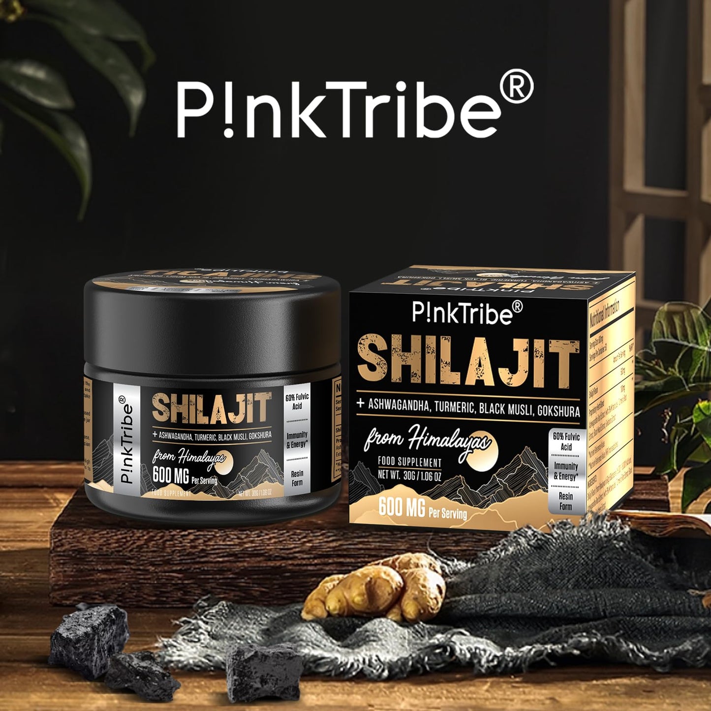 P!nkTribe Shilajit Resin Gold Standard Shilajit - 600mg Himalayan Shilajit Blend with Ayurvedic Herbal Extracts, High Levels of Fulvic Acid, Supports Energy and Performance, 30g (Pack of 2)