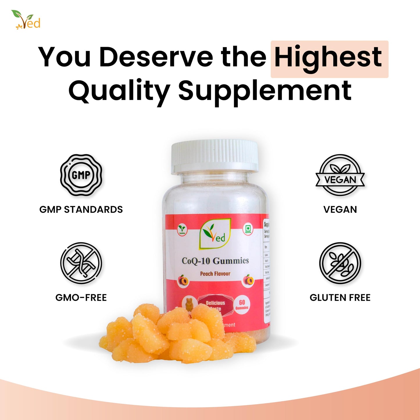 VED Ved Co Enzyme Q10 Gummies, Super Antioxidant, Vegan for Men and Women, Peach Flavour 60 Days’ Supply.(Pack of 2)