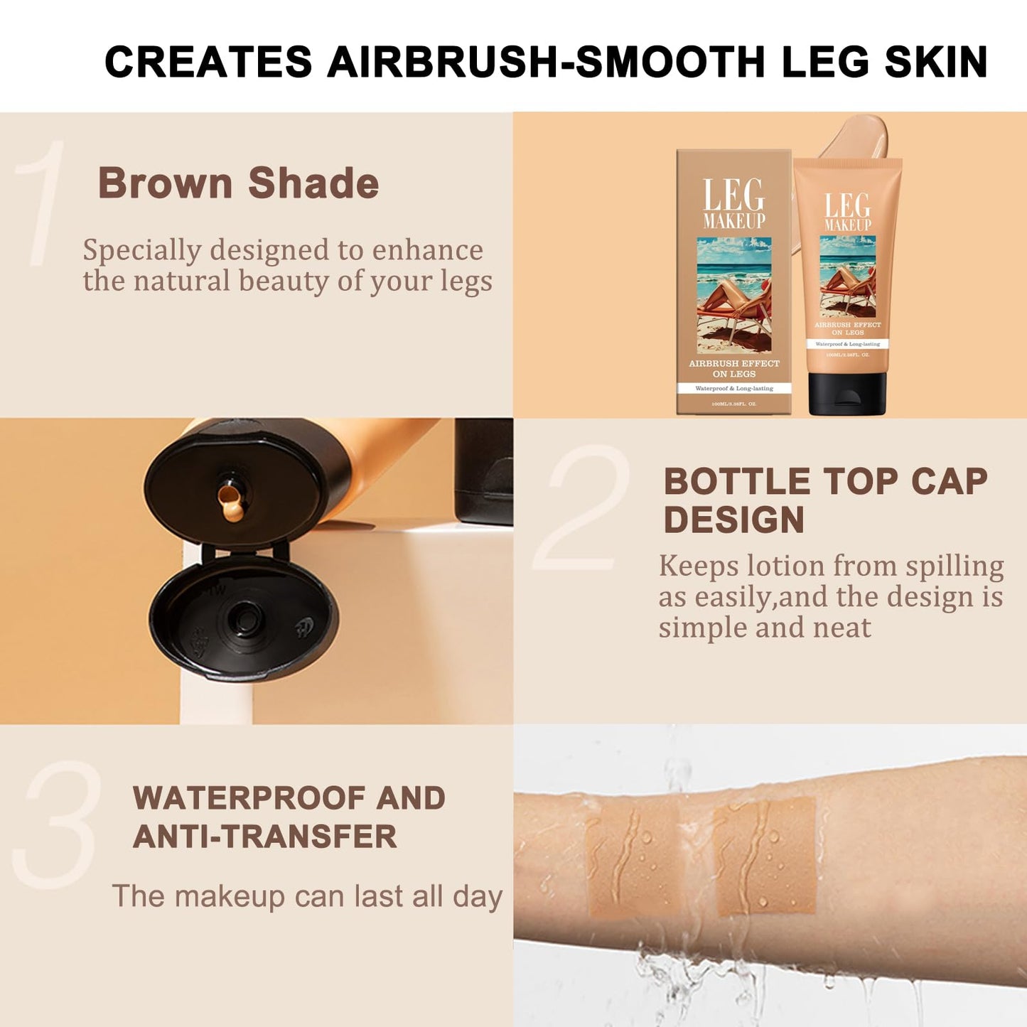 AuraBeen Waterproof Full Coverage Leg Makeup - Conceals lines and other skin concerns on mature skin - Smooth, long-lasting body makeup - No transfer formula - Light brown tone