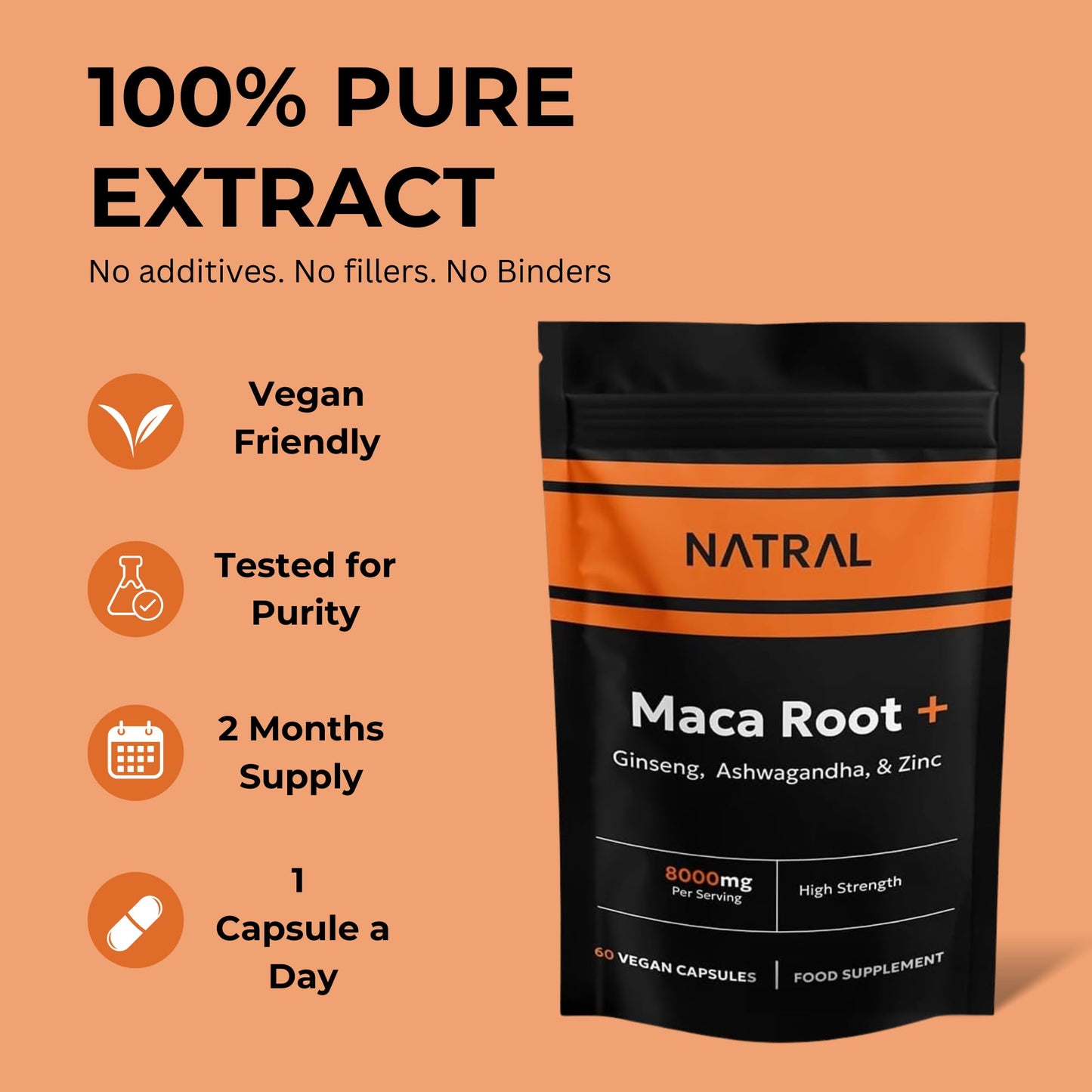 Natral Maca Root Extract 8000mg enriched with Premium, Ginseng, Ashwagandha, and Zinc | High Strength