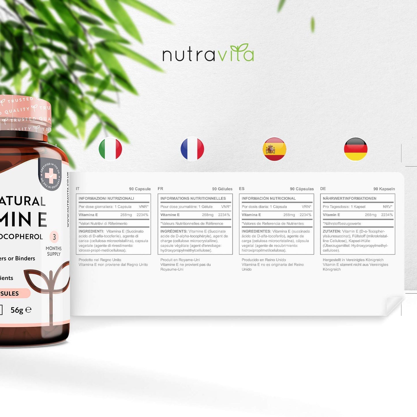Vitamin E 400IU D-Alpha Tocopherol – 100% Natural Vitamin E – 90 Vegan Capsules – Highly Absorbable – 3 Month Supply – Protects Cells from Oxidative Stress – Made in The UK by Nutravita