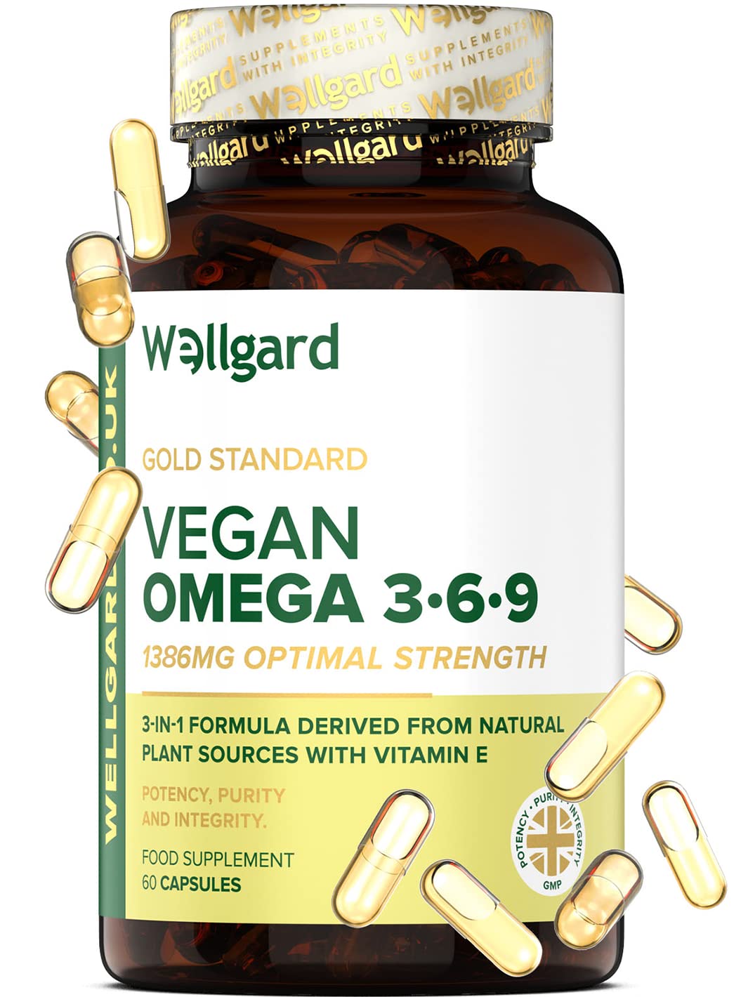 Vegan Omega 3 6 9 Capsules by Wellgard - High Strength 1386mg Flaxseed Oil Capsules with Alpha Linolenic Acid (ALA), Linoleic Acid (LA), Vitamin E