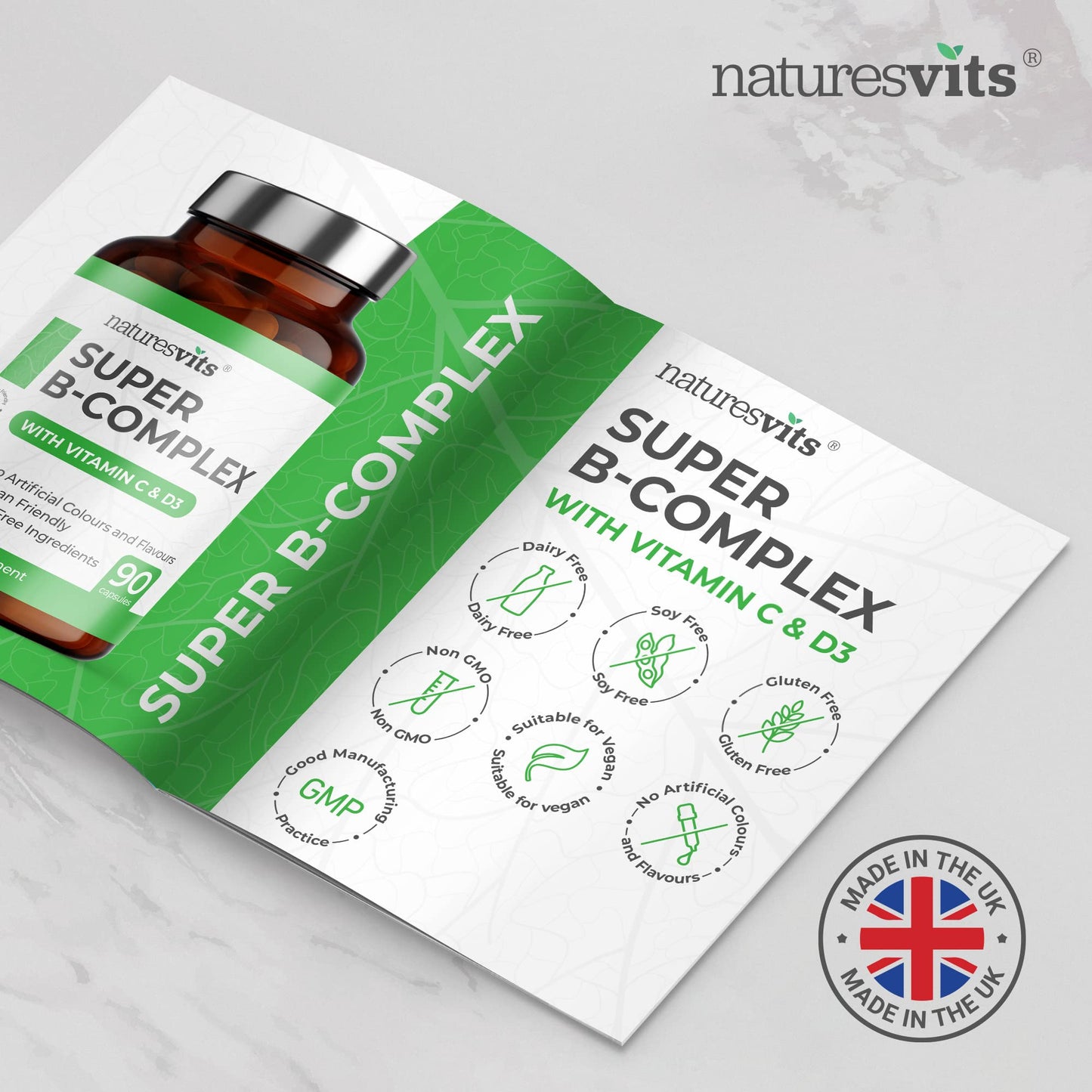 High Strength Vitamin B Complex, 90 Capsules - Contains Vitamin C and D, Folic Acid, Biotin, Thiamine, Riboflavin, Niacin, Pantothenic Acid and More - Supplements for Fatigue